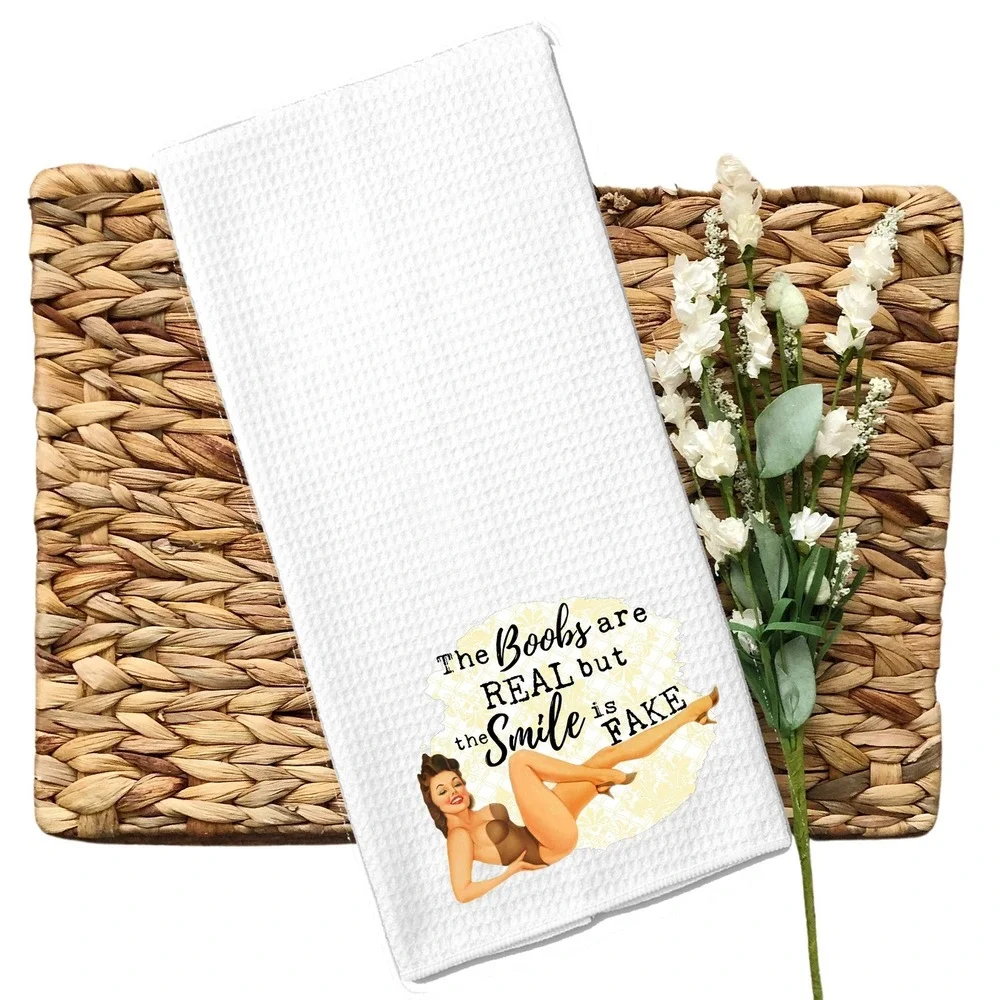 Vintage Pinup Girl Waffle Weave Kitchen Towel White Funny Retro Dish Cloth